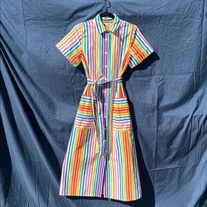 100% Cotton Christopher John Rogers rainbow size 2 belted stripe midi dress